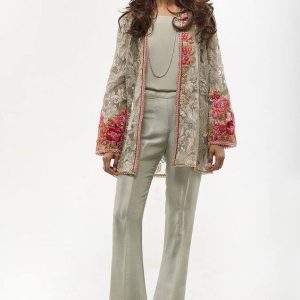 Self Print Chiffon Coat with Silk Inner and Bell Bottom Pants.
