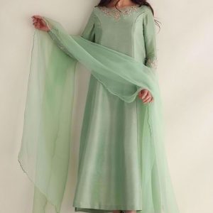 Silk Aline Long Shirt and Pants with Organza Net Dupatta