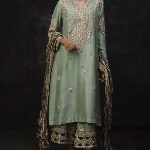 Silk Aline Shirt and Culottes with Crush Silk Dupatta