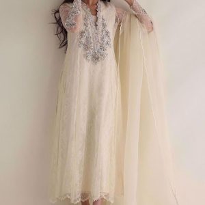 Self Print Chiffon Aline Shirt with Silk Pants and Organza Net Dupatta