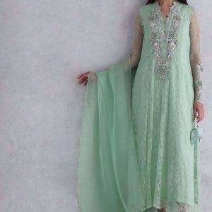 Self Print Chiffon Aline Shirt with Silk Pants and Organza Net Dupatta