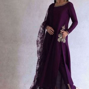 Silk Aline Long Shirt and Capri with Chiffon Thread Embroidered Dupatta