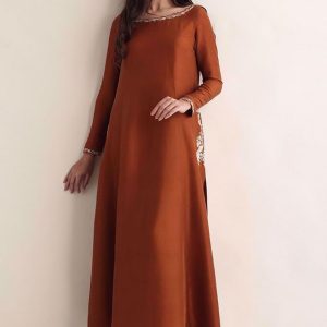 Silk Aline Shirt and Pants with Thread Embroidered Chiffon Dupatta