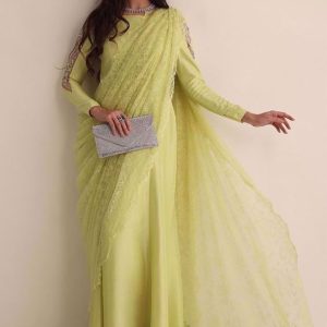 Silk Aline Long Shirt and Pants with Chiffon Embroidered Dupatta