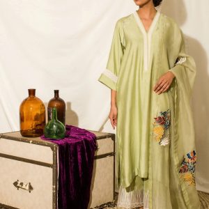 Silk Aline Long Shirt and Pants with Organza Dupatta