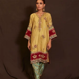 Self Jamawar Shirt with Banarsi Jamawar Tulip Shalwaar and Chiffon Dupatta