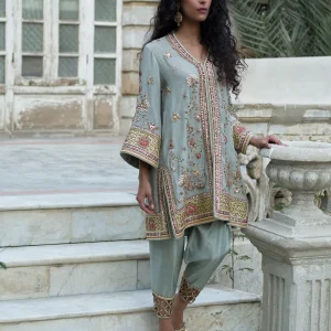 Silk Front Open Shirt with Skinny Shalwar