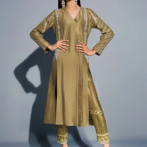 Raw Silk Angharka Style Shirt and Pants with Chiffon Dupatta