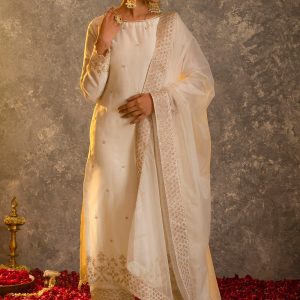Raw Silk Shirt and Izaar Pants with Net Border Work Dupatta
