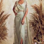 Net Front Open Coat with Silk Blouse and Skirt