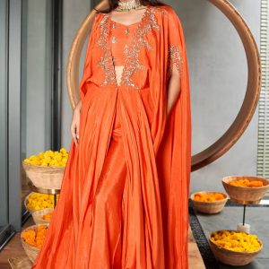 Raw Silk Front Open Kaftaan with Inner and Pants