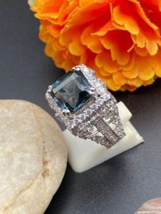 Aqua Blue, Silver, Crystal, Zircons Ring