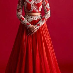 Red Chiffon lehenga set.