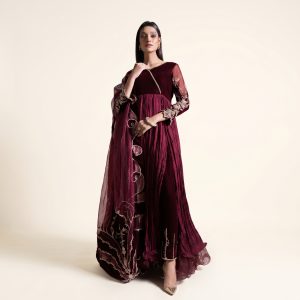 Velvet and Crushed Silk Pishwaaz with Organza Dupatta and Velvet Pants