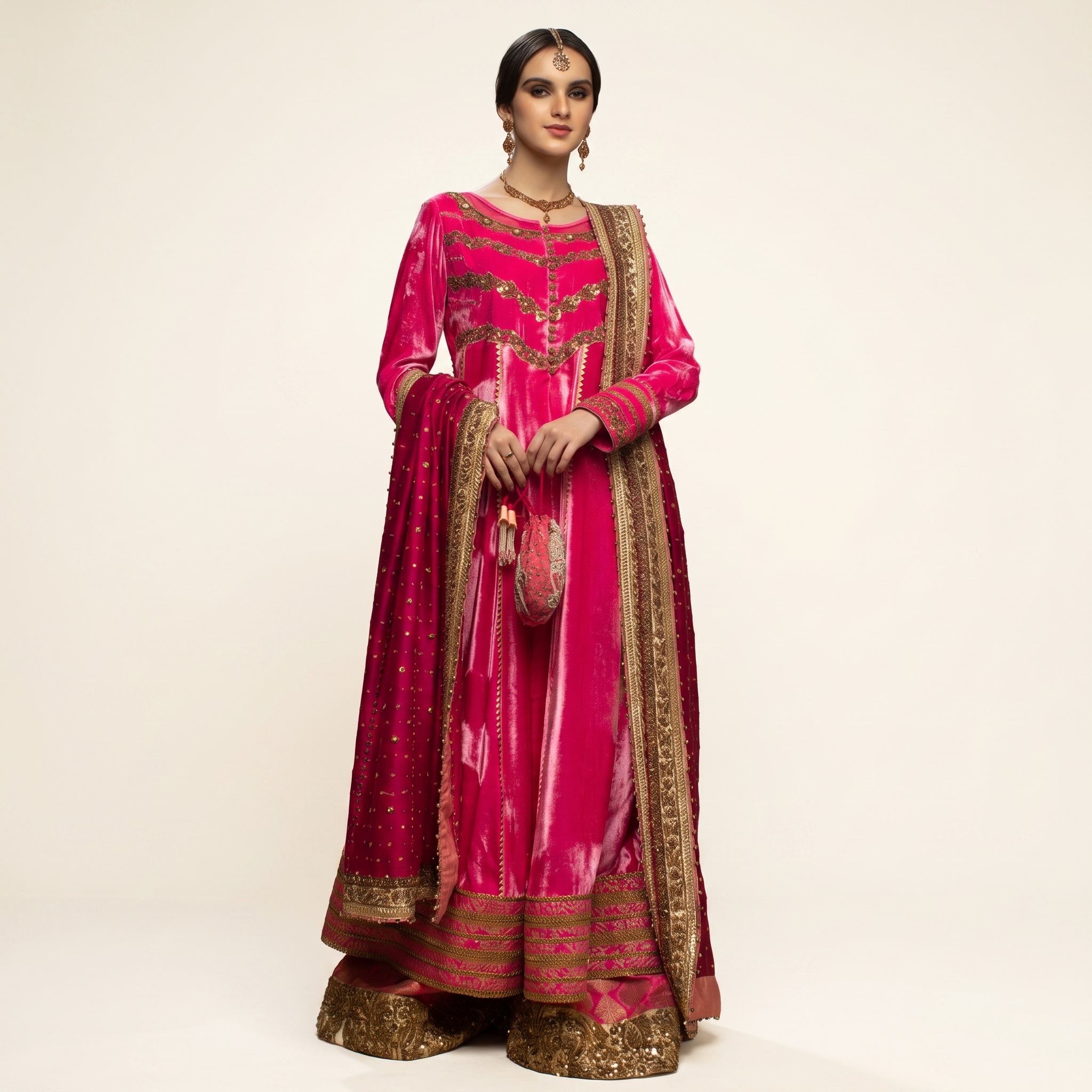 Velvet Pishwaaz with Border Work Dupatta and Pants