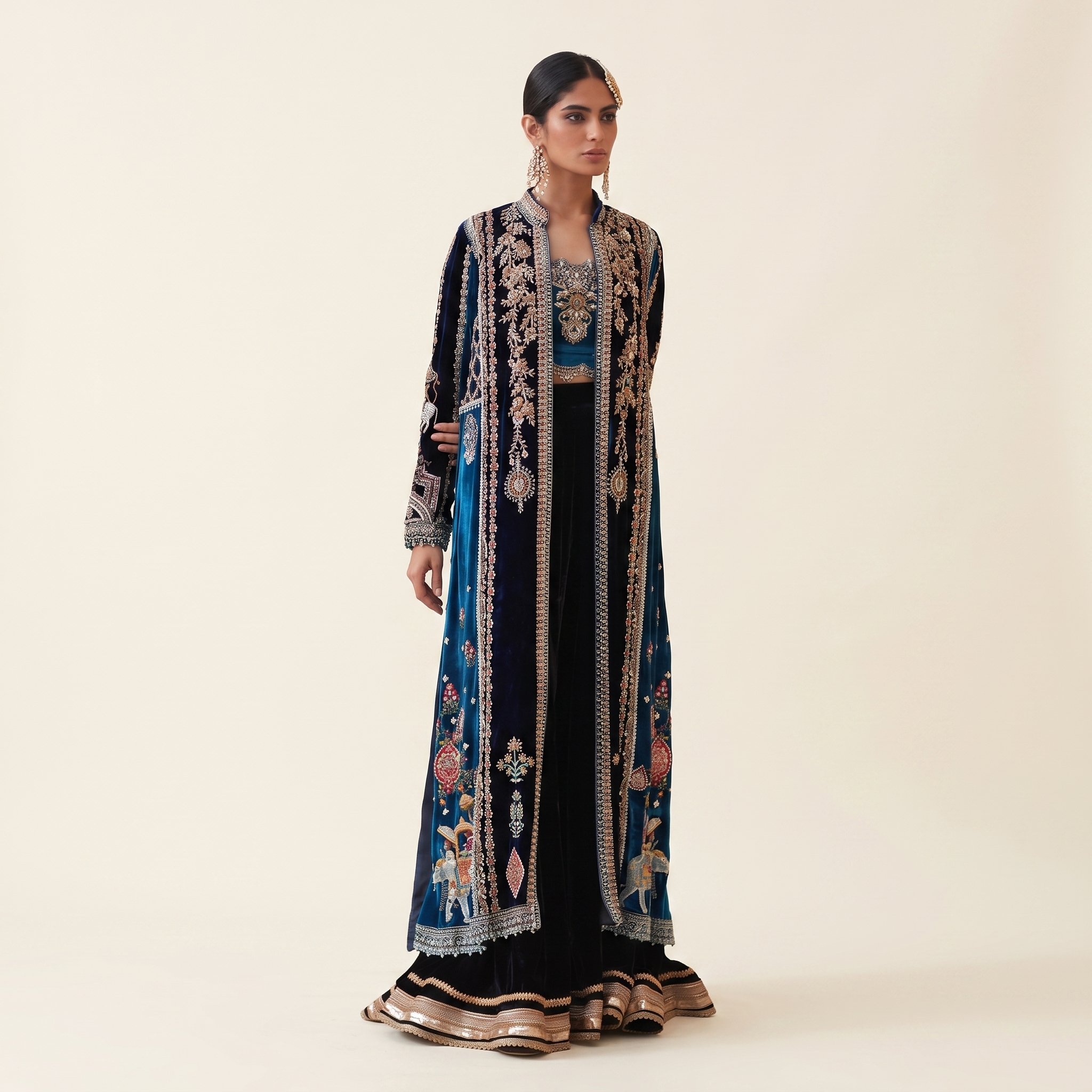 Velvet Coat and Dhaka Pajama with Inner Camisole