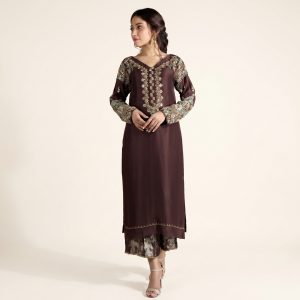 Velvet Silk Aline Shirt with Jamawar Culottes
