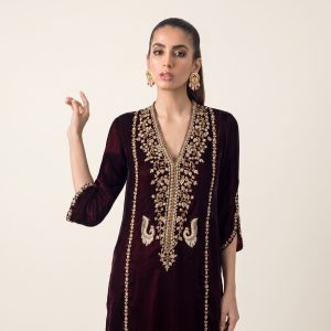 Velvet Shirt with Jamawar Capri