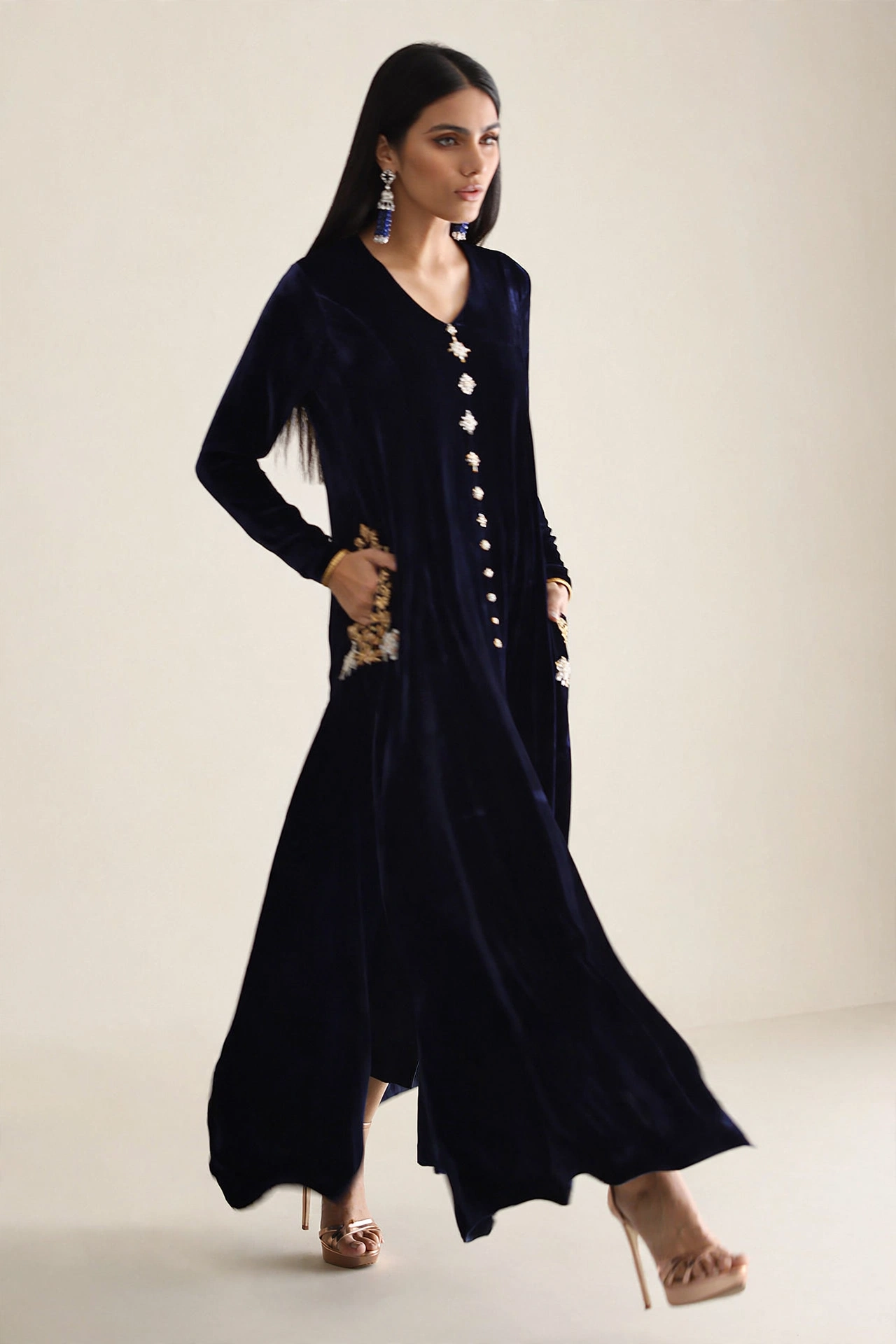 Velvet Front Open Shirt with Silk Pants - Image 3