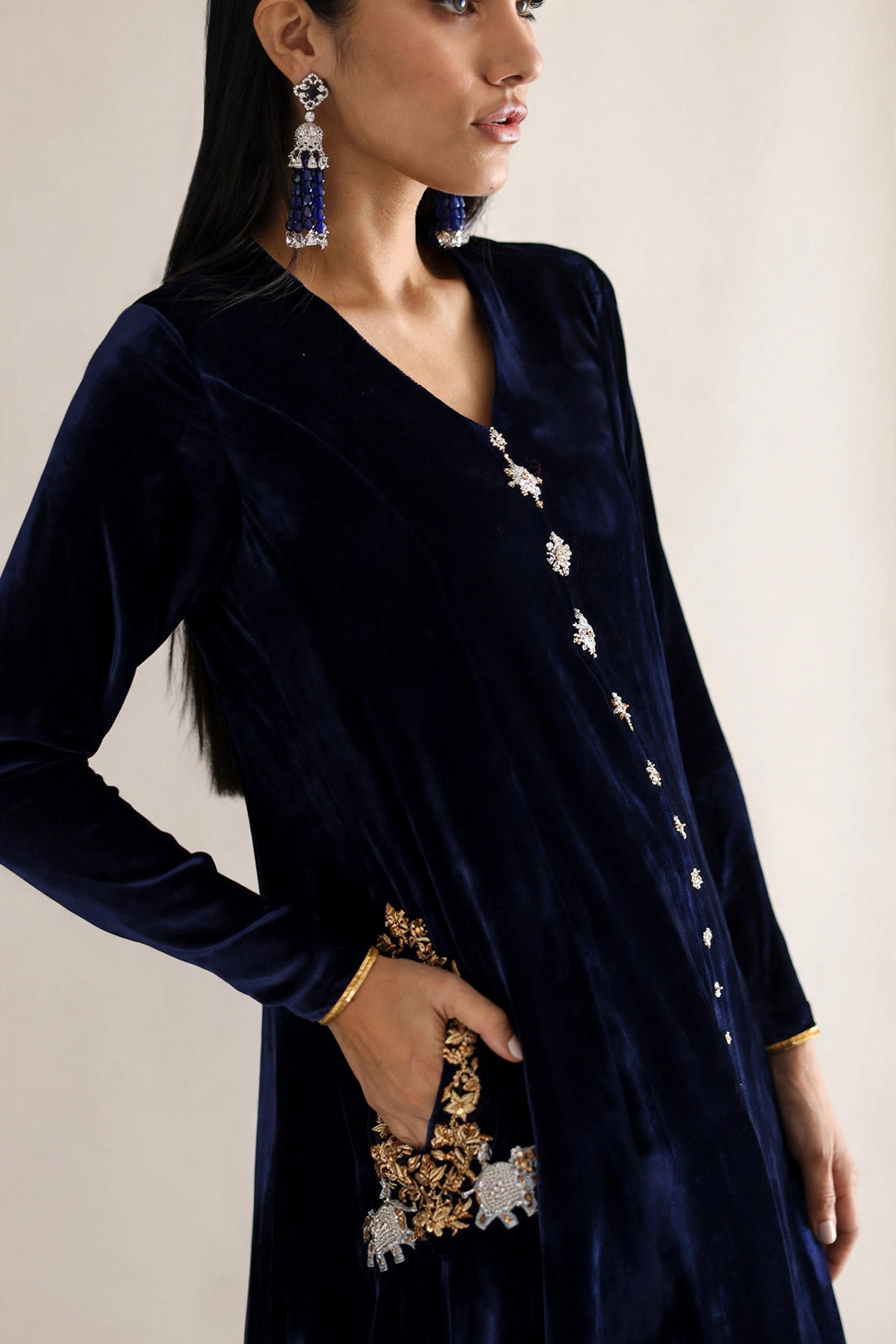 Velvet Front Open Shirt with Silk Pants - Image 4