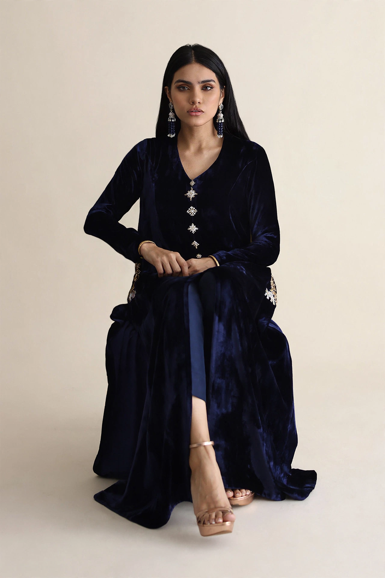 Velvet Front Open Shirt with Silk Pants - Image 2