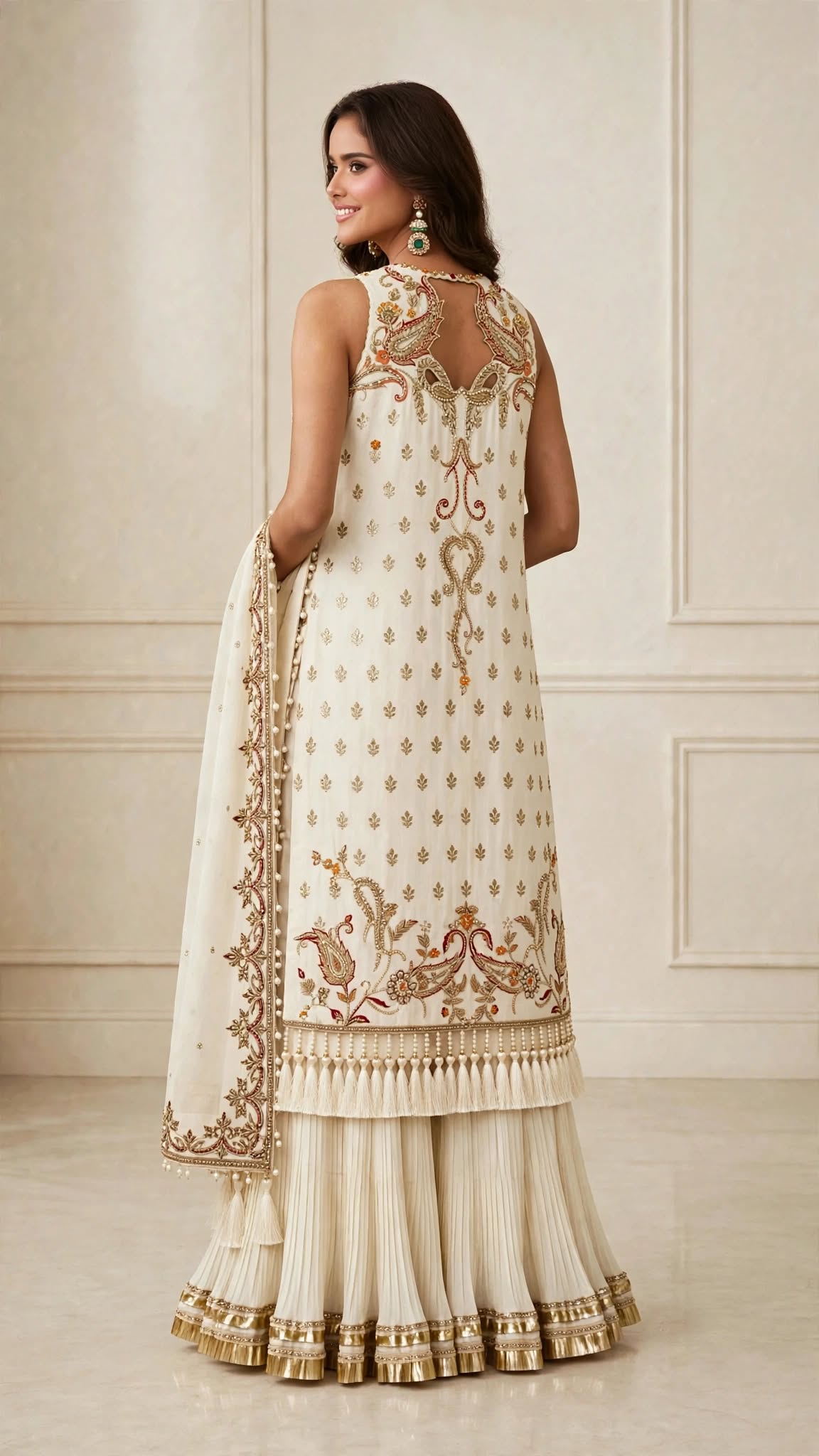 Ivory Paisley Royale | Luxury Open Jacket Pishwas with Sharara & Organza Dupatta - Image 3