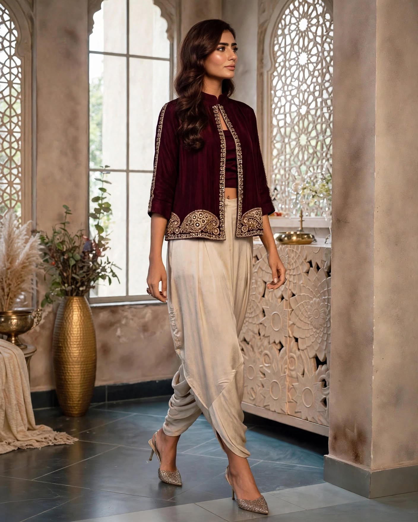 Burgundy Maroon Velvet Cape Jacket with Beige Dhoti - Image 3