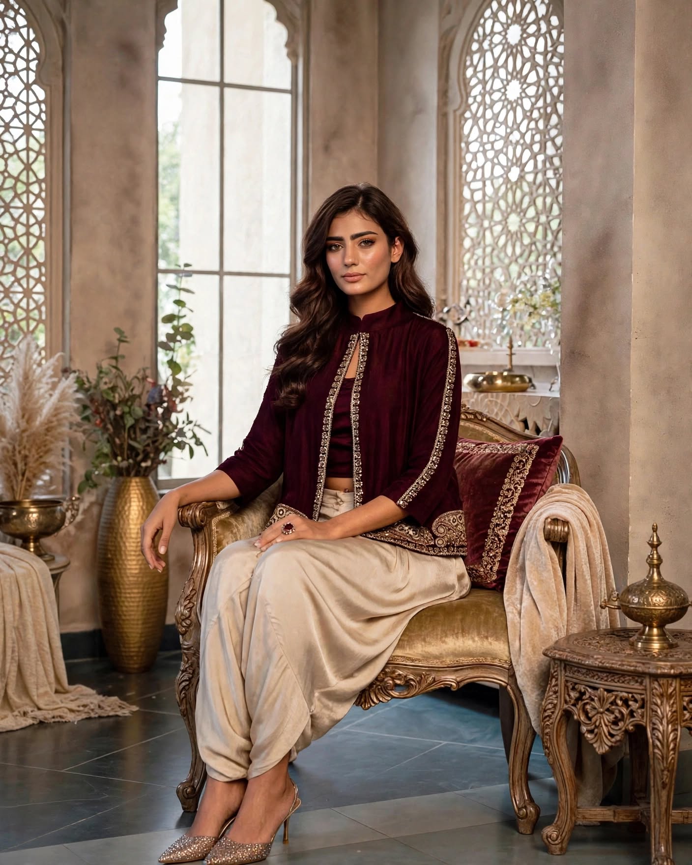 Burgundy Maroon Velvet Cape Jacket with Beige Dhoti - Image 7