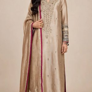 Champagne Gold Zardozi Silk Ensemble with Magenta Dupatta Border