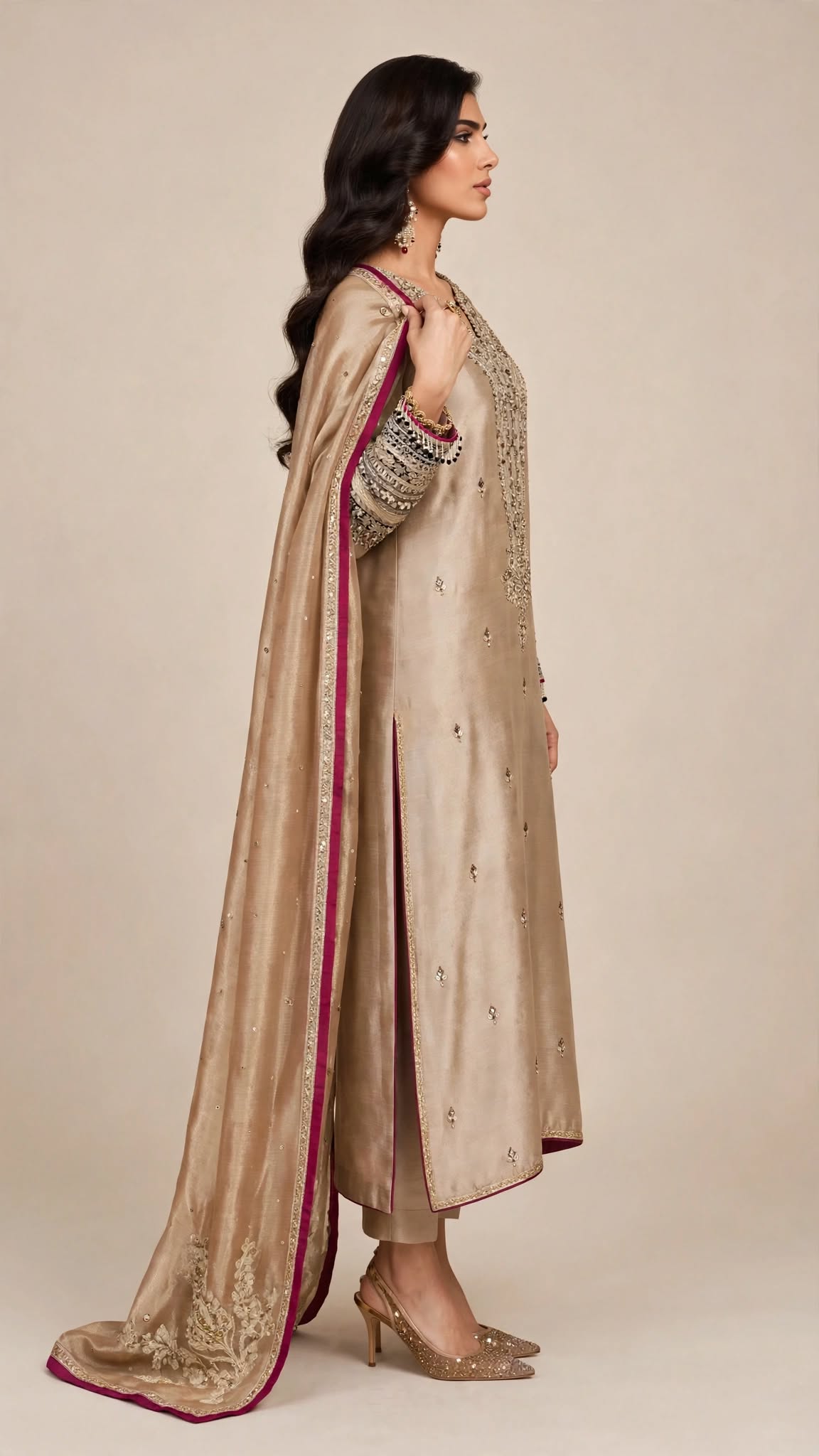 Champagne Gold Zardozi Silk Ensemble with Magenta Dupatta Border - Image 5