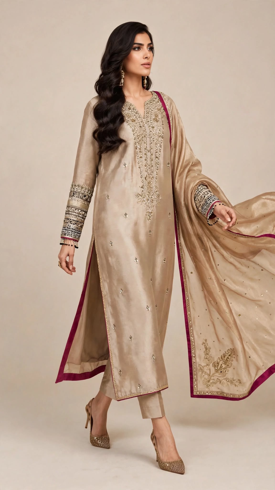 Champagne Gold Zardozi Silk Ensemble with Magenta Dupatta Border - Image 4