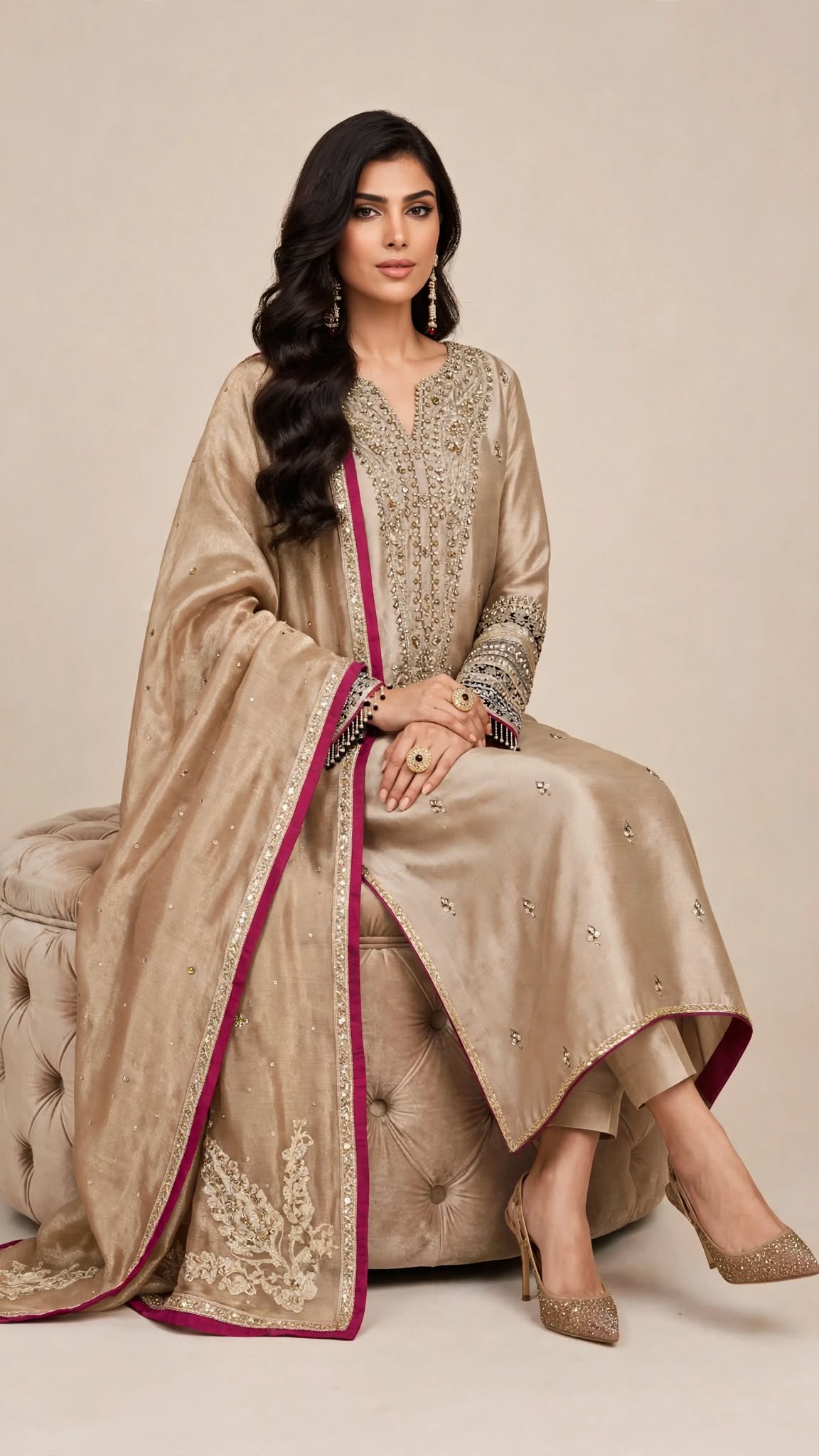 Champagne Gold Zardozi Silk Ensemble with Magenta Dupatta Border - Image 3