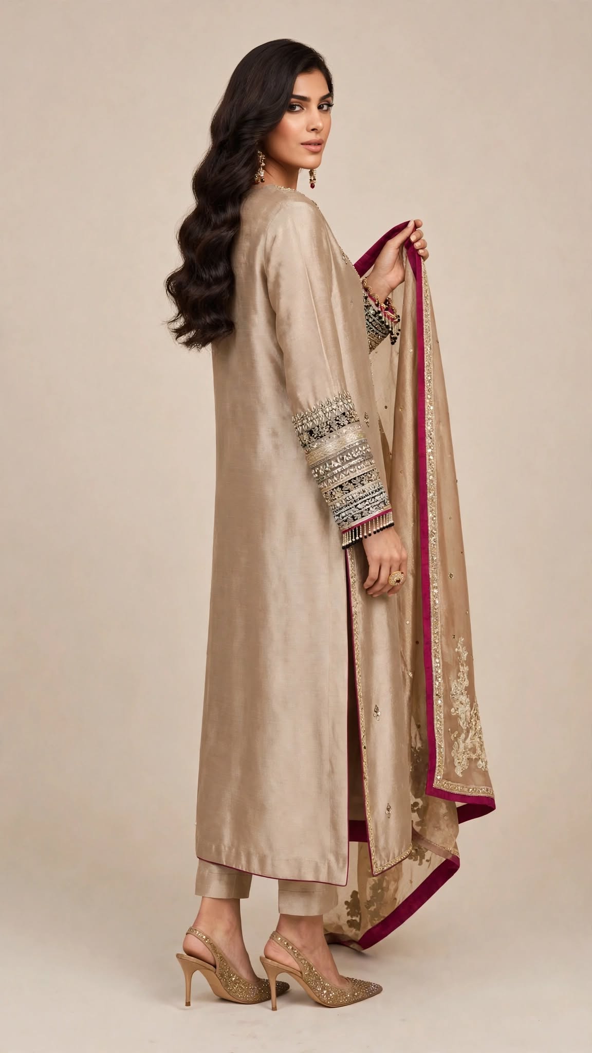 Champagne Gold Zardozi Silk Ensemble with Magenta Dupatta Border - Image 2