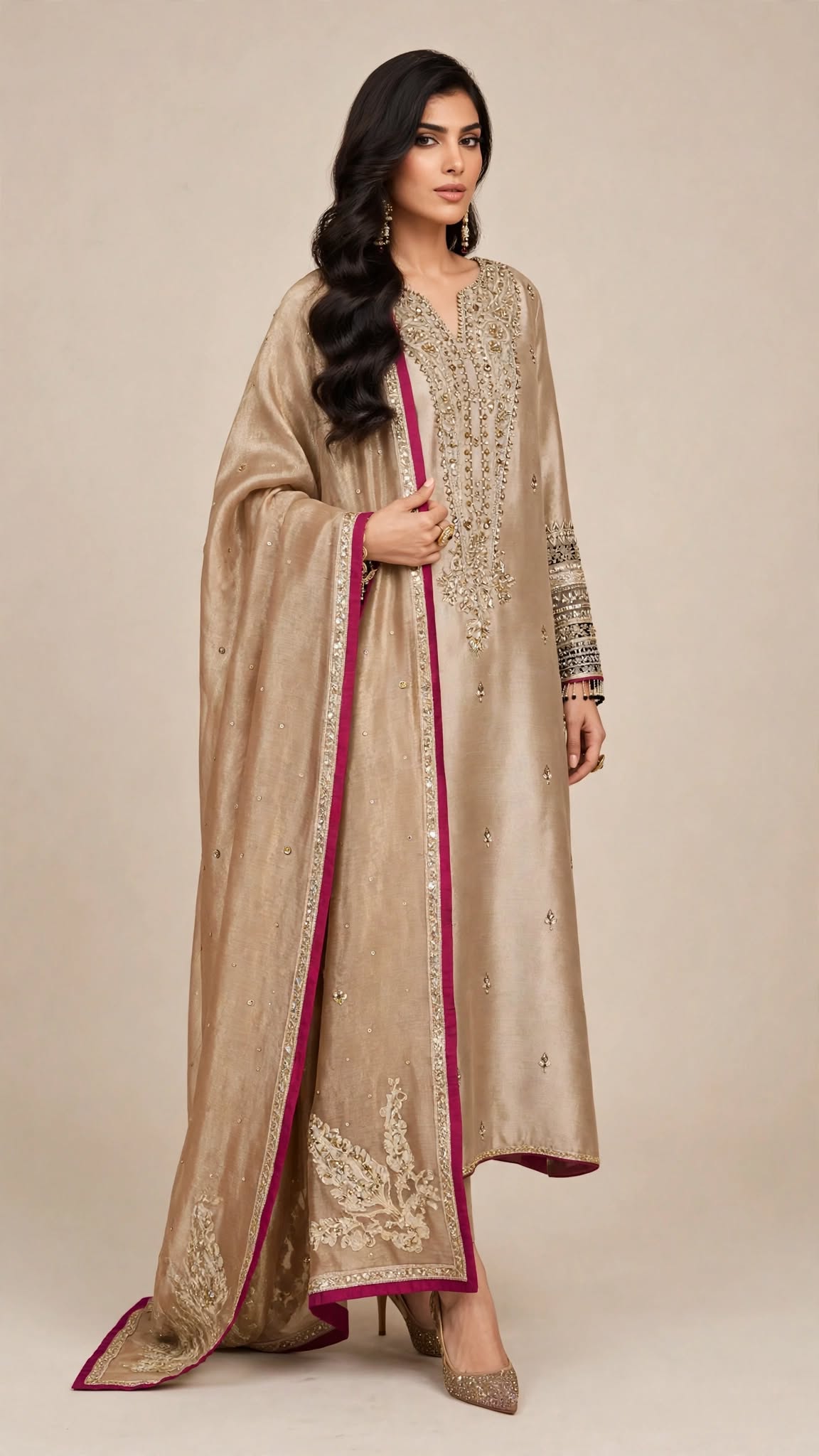 Champagne Gold Zardozi Silk Ensemble with Magenta Dupatta Border - Image 6