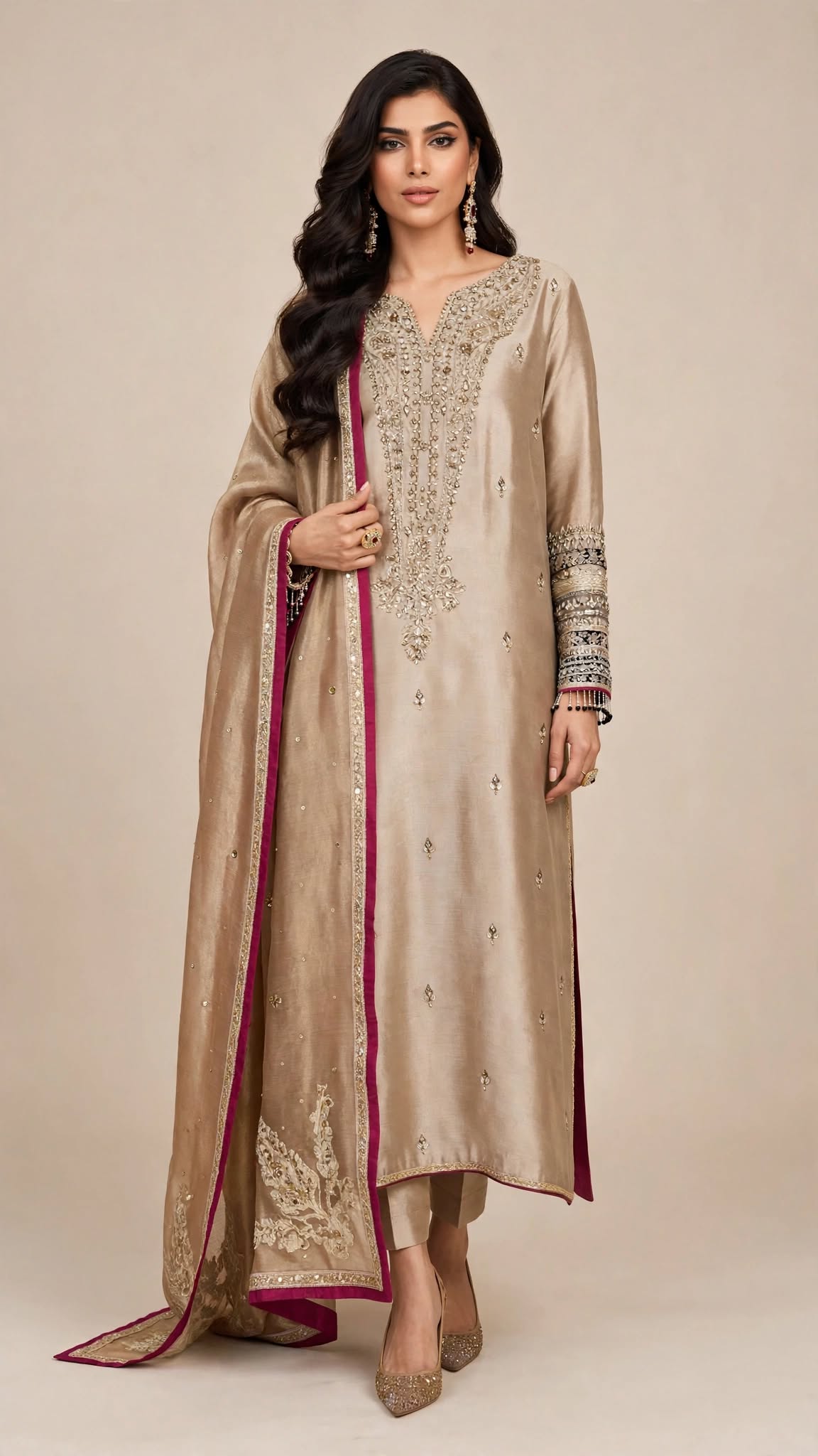 Champagne Gold Zardozi Silk Ensemble with Magenta Dupatta Border