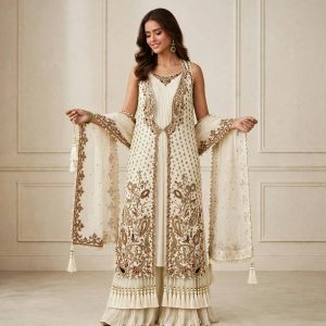 Ivory Paisley Royale | Luxury Open Jacket Pishwas with Sharara & Organza Dupatta