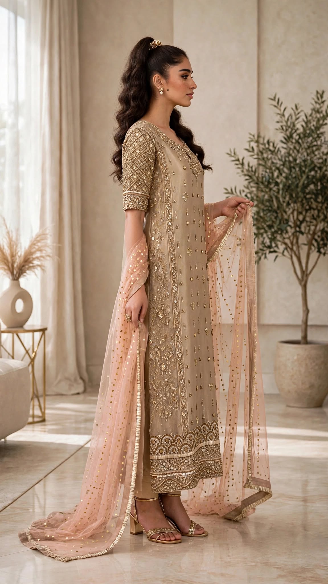 Golden Embroidered Traditional Outfit - Image 2