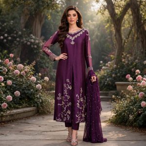 Deep plum jamun purple shamoz silk long embroidered shirt with sheer sleeves and sequin chiffon dupatta - luxury Pakistani formal 3-piece