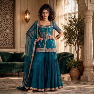 Zayb - Teal Peacock Organza Gharara with Gold & Pink Zardozi - Luxury Festive Edit