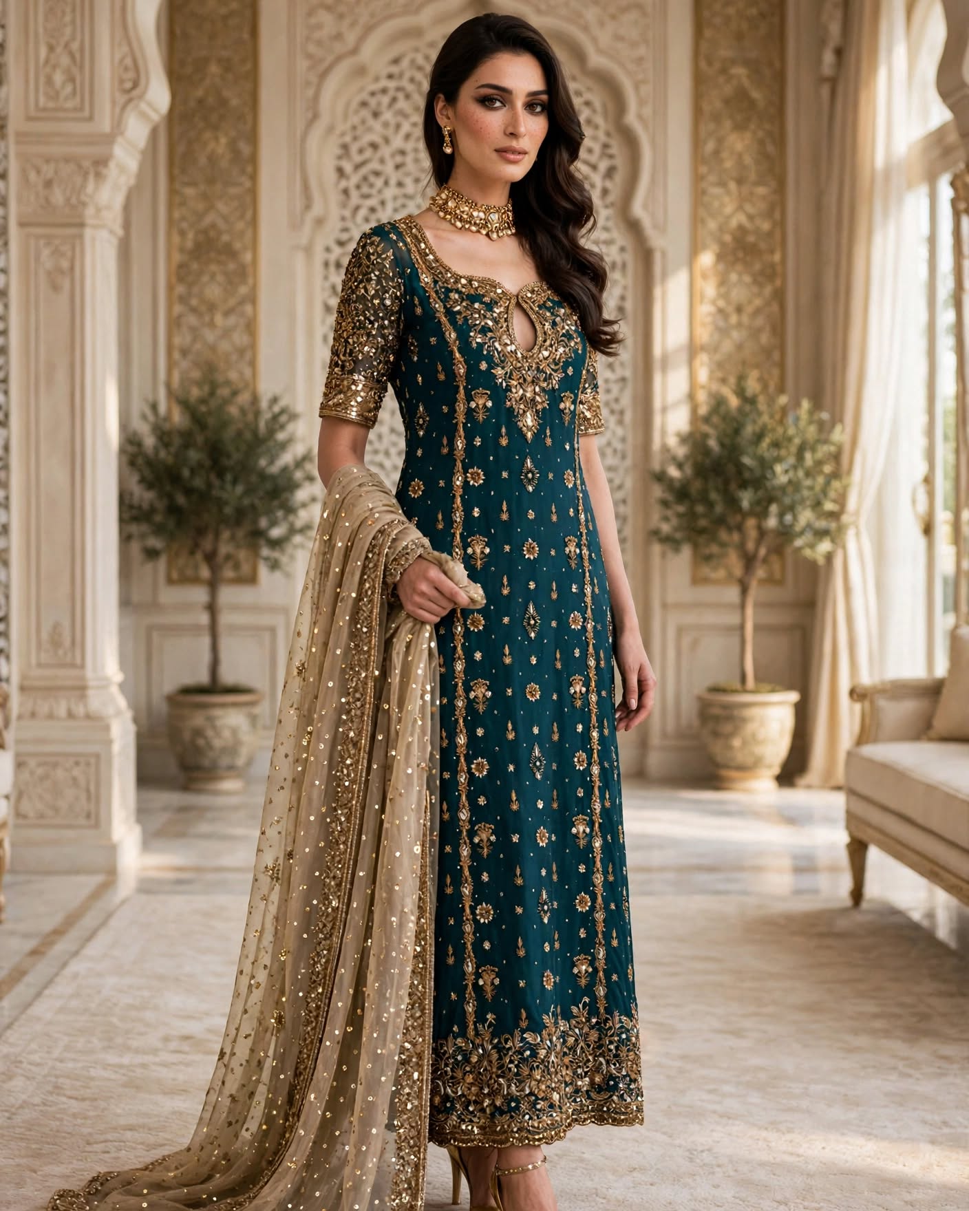 Zarnish - Emerald Teal & Gold Tissue Festive Shirt with Heavy Zardozi - Luxury Formals - Image 5