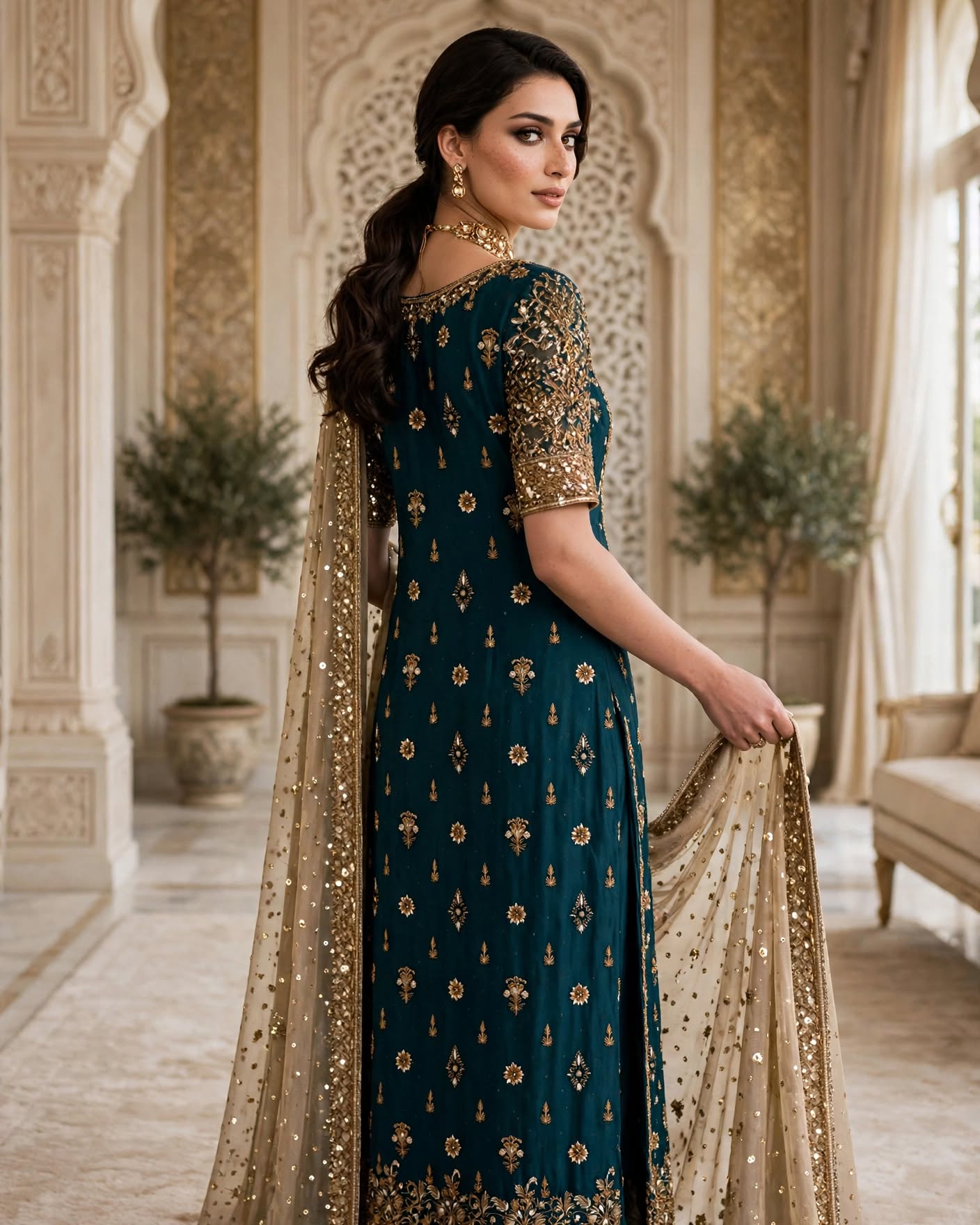 Zarnish - Emerald Teal & Gold Tissue Festive Shirt with Heavy Zardozi - Luxury Formals - Image 4