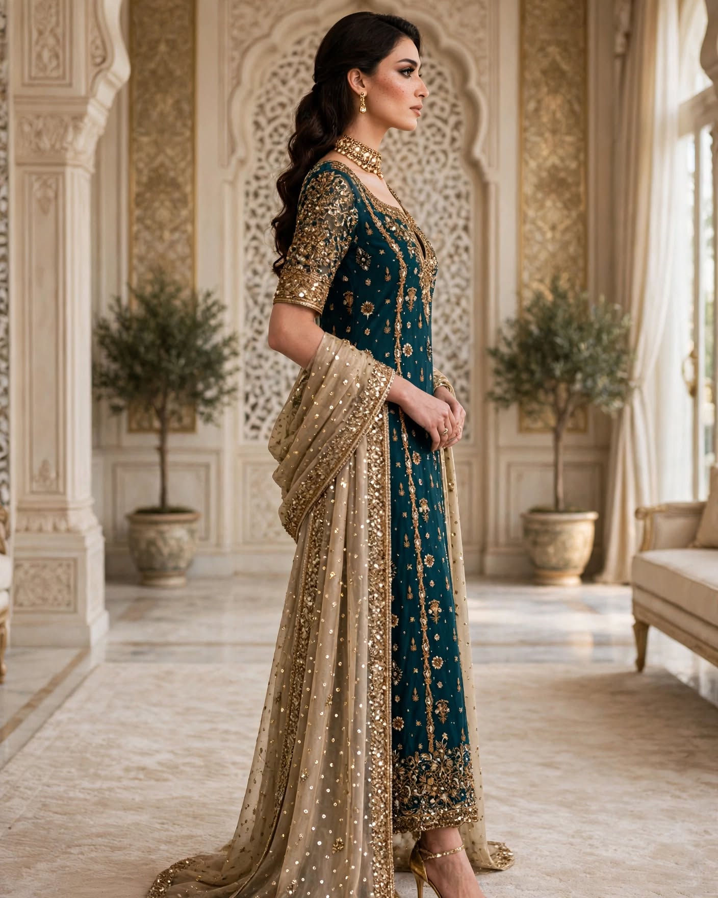Zarnish - Emerald Teal & Gold Tissue Festive Shirt with Heavy Zardozi - Luxury Formals - Image 3