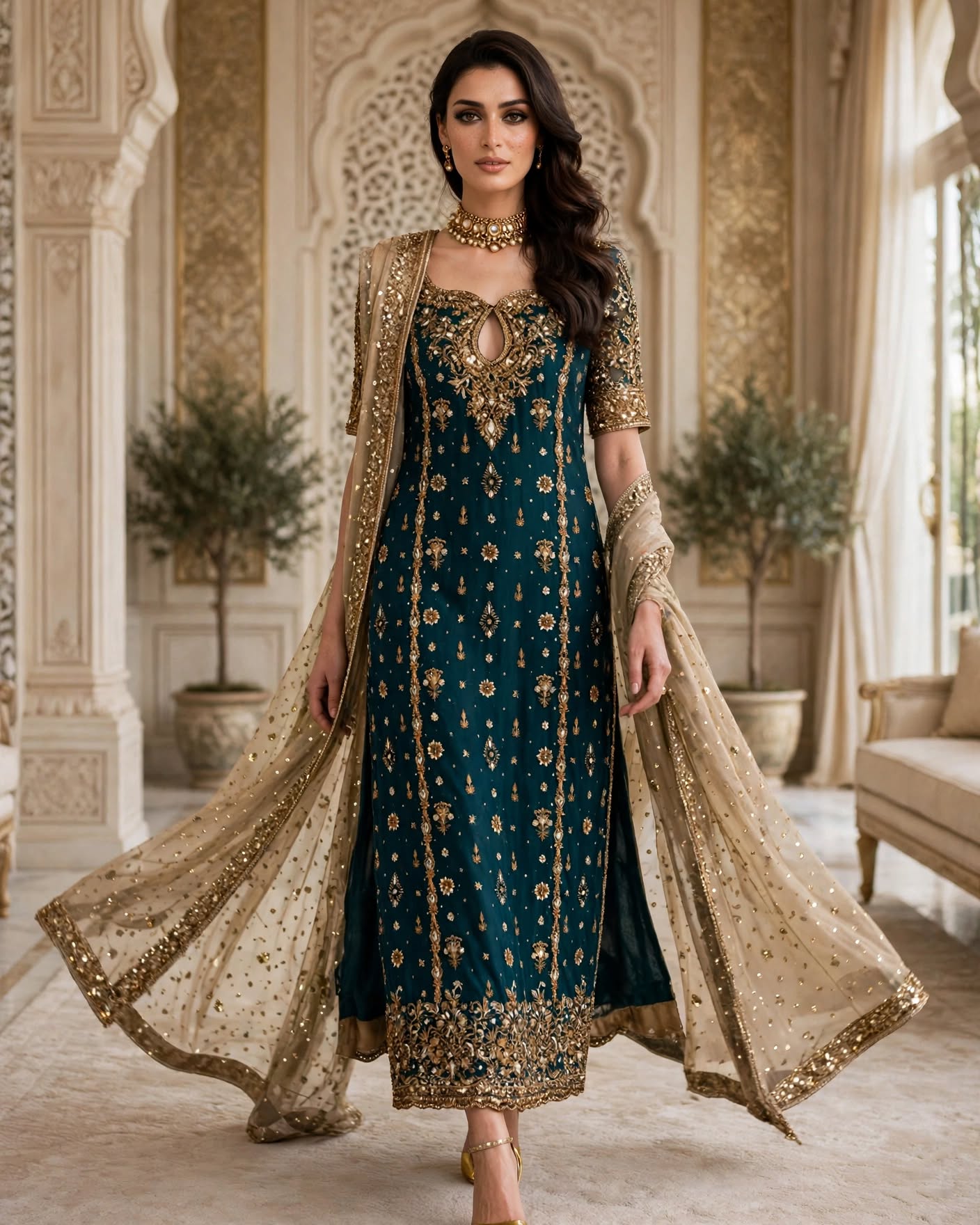 Zarnish - Emerald Teal & Gold Tissue Festive Shirt with Heavy Zardozi - Luxury Formals - Image 2
