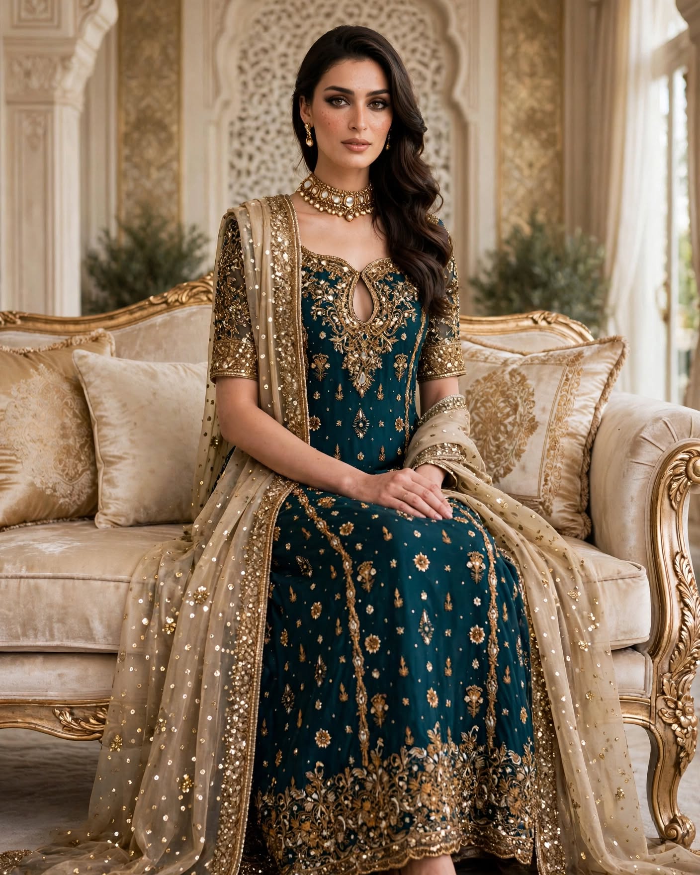 Zarnish - Emerald Teal & Gold Tissue Festive Shirt with Heavy Zardozi - Luxury Formals - Image 6