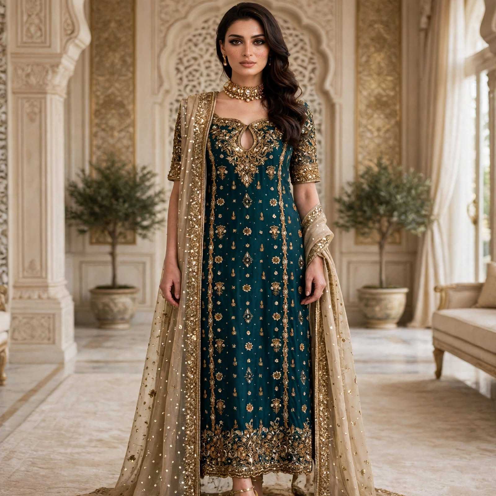 Zarnish - Emerald Teal & Gold Tissue Festive Shirt with Heavy Zardozi - Luxury Formals